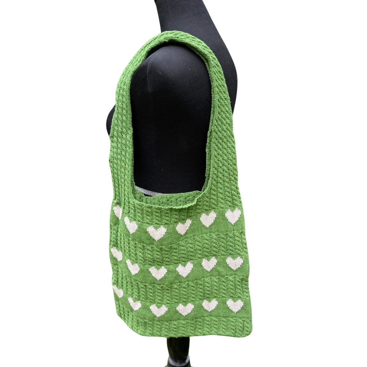 Green with White Hearts Knit Bag