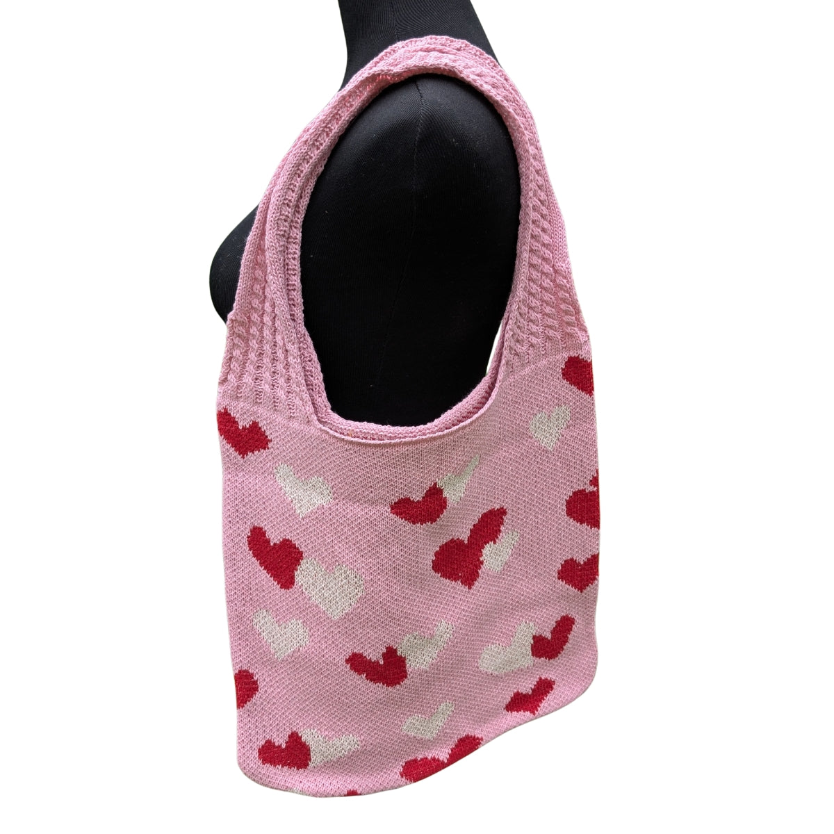 Pink Heavy Knit with Red & White Hearts Bag