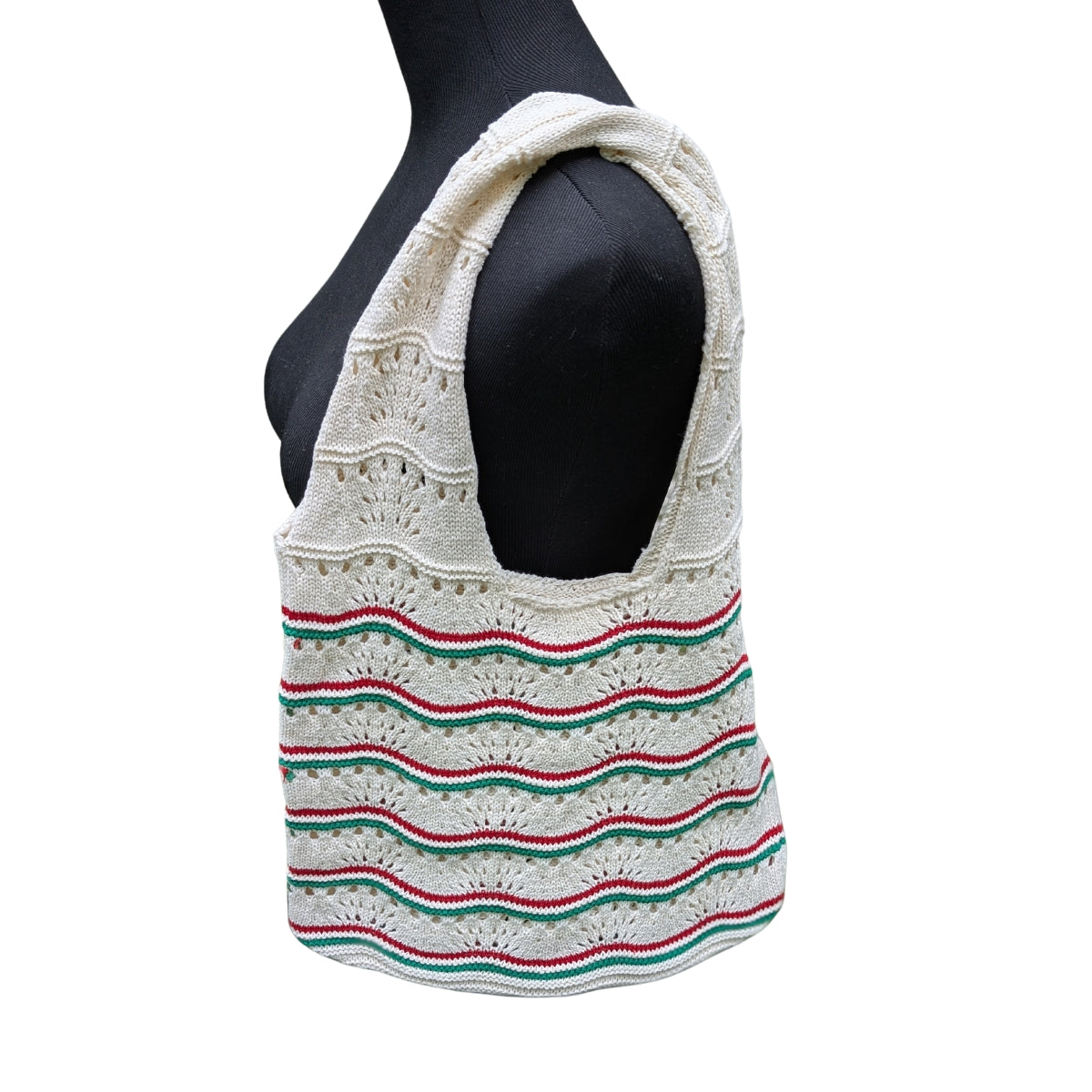 Cream with Green & Red Stripes Knit Bag