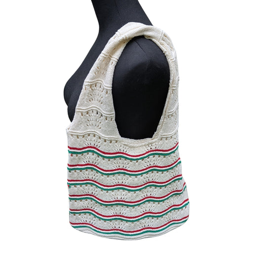 Cream with Green & Red Stripes Knit Bag